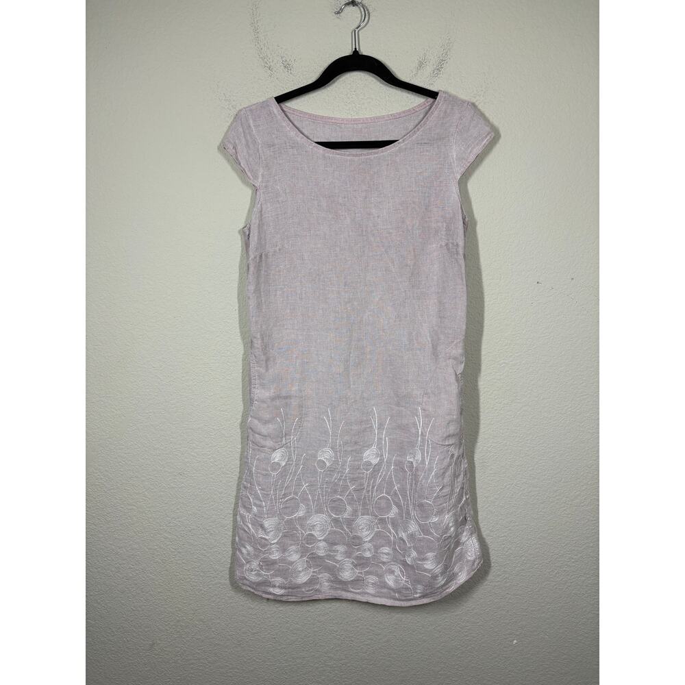 Womens Size Small Mini Sheath Dress Lavender Linen Embroidered Hem Italy - Picture 2 of 9